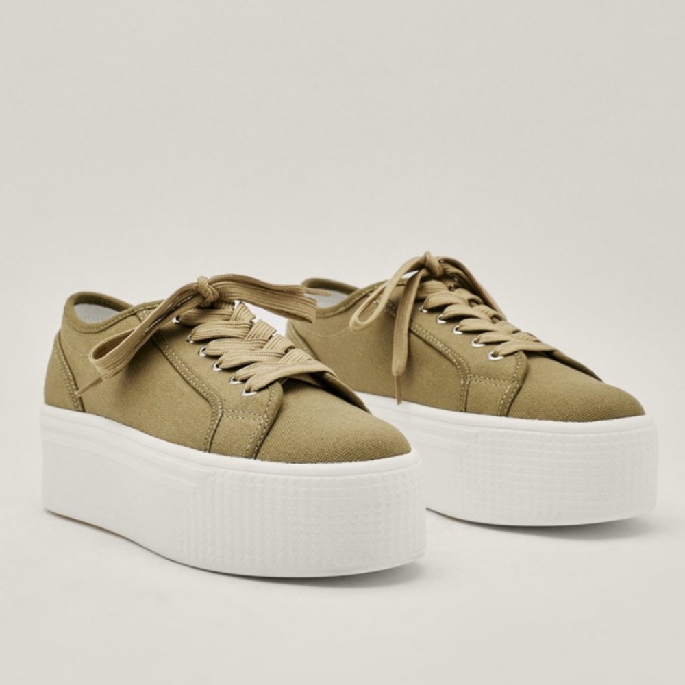 Nasty Gal Khaki Canvas Lace Up Flatform Sneakers